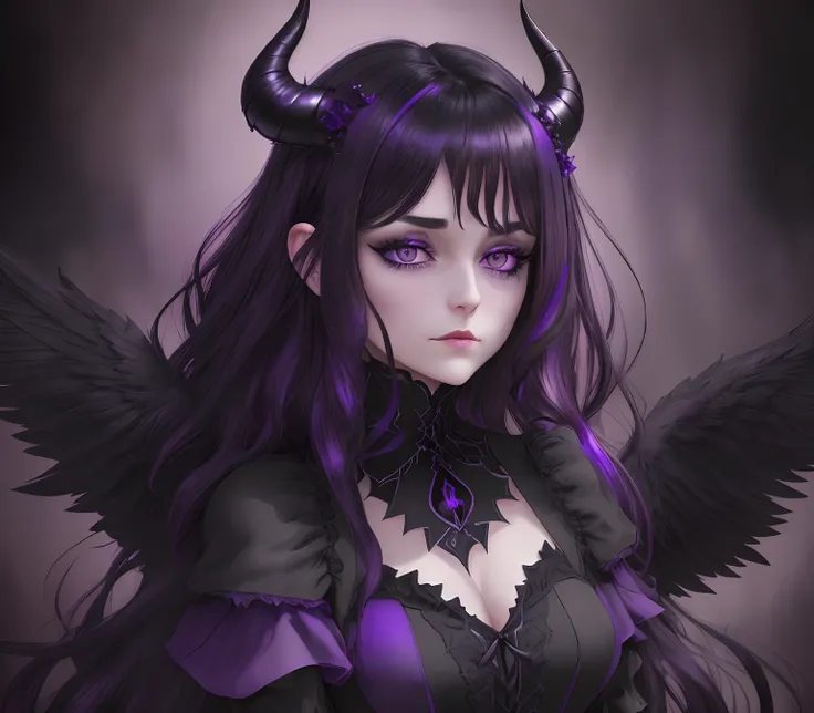 (dunkel,gotisch,beautiful,artistic),lila und schwarzes Kleid,long black hair with purple highlights,Detailed purple and black wings,black horns,durchdringende lila Augen,High-resolution 8K image,dark and mysterious background,Lebendige Farben,Unendliche Du...