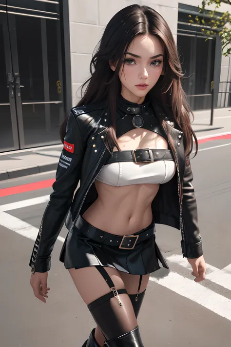 (best quality,highres,masterpiece:1.2),1girl,beautiful detailed face,flowing long hair, three stylish studdet belts,edgy leather...