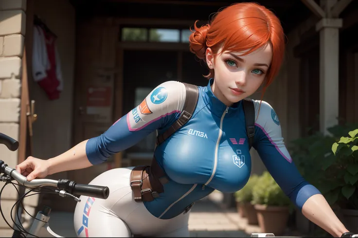 gwen tennyson,1girl,tracer,d.va,rebecca chambers,overwatch,gundam,close up,mecha pilot,mountain view,blue and silver plugsuit,hair pin,pirate corset,white long sleeve lycra top,white leggings,short hair,cute makeup,green eyes,orange and blue hair,shy smile...