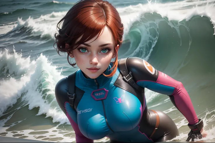 gwen tennyson,1girl,tracer,d.va,rebecca chambers,overwatch,gundam,close up,mecha pilot,ocean view,red and rose plugsuit,hair pin,pirate corset, white long sleeve lycra top,orange leggings,short hair,cute makeup,green eyes,orange and blue hair,shy smile, fr...