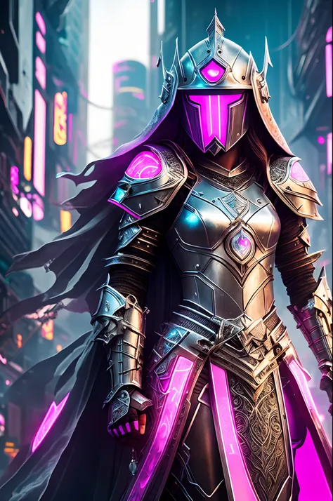 Paladin girl in metal knightly armor and cyberpunk helmet, pink long hair, white cloak, glowing neon, futuristic city, Mixing styles, higly detailed, Realistic full-length photo