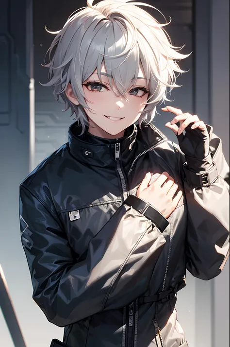 a man with short fluffy hair, head tilted up, smiling, fangs, hand behind head, half closed eyes, cool illustration, techwear outfit, close up of face