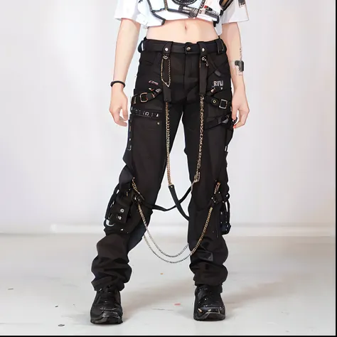 A woman wearing a white shirt and black pants with chains over them, Todas as roupas pretas cyberpunk, mechanic punk outfit, cargo pants. CIDADE CYBERPUNK, roupas de moda cyberpunk, metal garments, goth punk clothes, cybergoth, roupa estilo cyberpunk, Cybe...