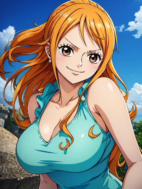 nami from one piece,very light orange and yellowish haired girl,beautiful brown eyes, blushing cheeks,in a clouds in the sky smi...