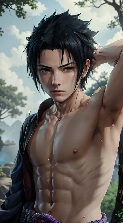 highres,Masterpiece， Best quality at best,Best Quality,hight quality, hight detailed,(boy, 1 boy), Sasuke Uchiha, (showing armpits:1.3), focus on the armpit, zoom in to the armpit, shirtless, in leaf village, masterpiece, best quality, ultra quality, absur...