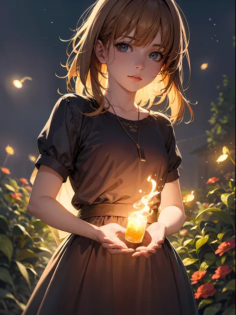 realistic, photorealistic, super detail, one girl, wide angle of view, firefly garden, lots of small faint light and fireflies f...