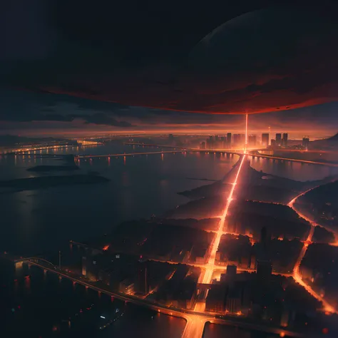 Dark night over the city, Red Moon, Red Moon with Energy Flow, Energy tides, Bad premonitions, scenery, Dont be human, There is energy flow, Highly realistic, 4K, Chiaroscuro, Ultra-high detail awaits the start