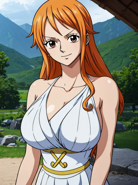 nami from one piece,very light orange and yellowish haired girl,beautiful brown eyes, blushing cheeks,in a clouds in the sky smi...