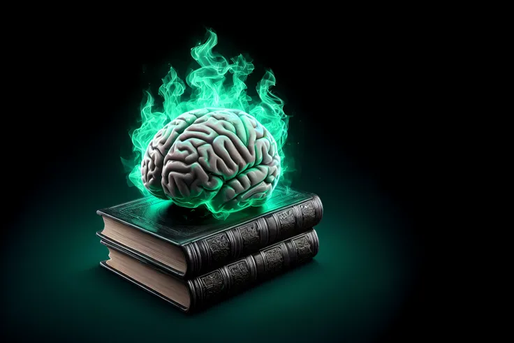 A closeup of a book with a burning brain on top of it, conhecimento intenso, magic book, with book of science, alquimia mental, spell book, Conhecimento obscuro, proibido - conhecimento, conhecimento, floating spellbook, conhecimento proibido, grimoire, co...