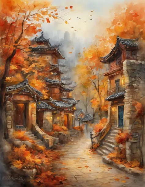 an illustration of a city with lots of colorful leaves, Korea, seoul, in the style of vivid comic book artist, fall, pumpkins, jack o lantern, pumpkin spice, the new york school, robert munsch, conceptual street art, cinestill 50d, naturalistic depictions ...