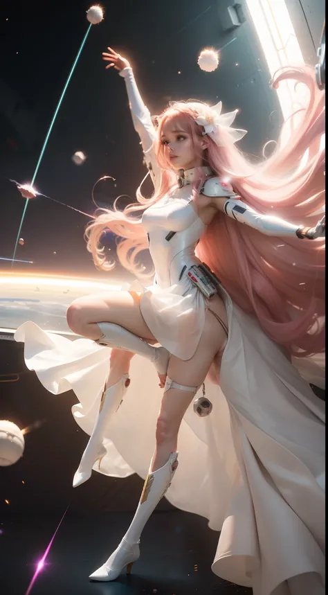 (Best Quality), Masterpiece, 8K, RAW, Cute white Silk Bride Naked，(Photo-realistic), white silk Dress, Pink long Hair, raised Arms, Full-Body Portrait, soft Lighting, Mecha-Implants, (Cybernetics:1.2), Space-station, (Particles floating in Air:1.3)