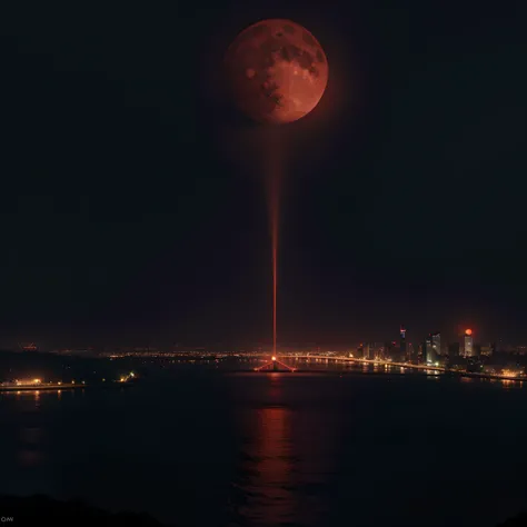 Dark night over the city, Red Moon, Red Moon with Energy Flow, Energy tides, Bad premonitions, scenery, Dont be human, There is energy flow, Highly realistic, 4K, Chiaroscuro, Ultra-high detail awaits the start