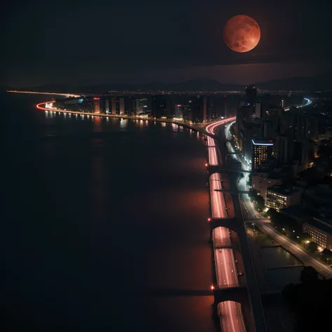 Dark night over the city, Red Moon, Red Moon with Energy Flow, Energy tides, Bad premonitions, scenery, Dont be human, There is energy flow, Highly realistic, 4K, Chiaroscuro, Ultra-high detail awaits the start