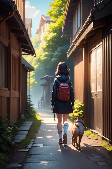 there is a girl walking with a dog on a path, adorable digital painting, childrens art in artstation, artwork in the style of guweiz, cute detailed digital art, atey ghailan 8 k, adventure hyper realistic render, by Leng Mei, realistic anime 3 d style, fem...