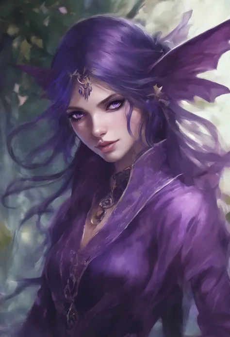 (((vivid purple eyes))), Half-elf female mage, Casaco Preto, (mangas roxas), (tight gray pants), (purple silk scarf), tied back silky shoulder length detailed black hair, (dark gothic makeup), pele castanha muito clara, (seios enormes), pequenas orelhas po...