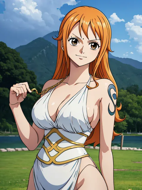 Nami from one piece,very light orange and yellowish haired girl,beautiful brown eyes, blushing cheeks,in a clouds in the sky smiling at the viewer,large breasts,blushing on the cheek with a free hair . She should be wearing a ancient greek clothes outfit.T...