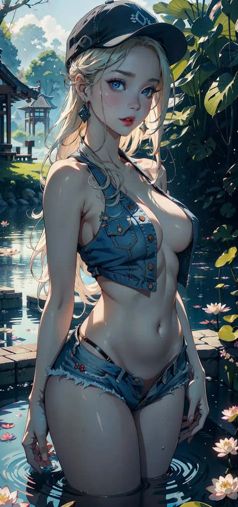 （Background with：ponds，Cherry blossom forest，lotus flower）Lie underwater， She has long blonde hair，seen from the front，mostly cloudy sky，（（（tmasterpiece），（Very detailed CG unity 8K wallpaper），best qualtiy，cinmatic lighting，detailed back ground，beatiful det...