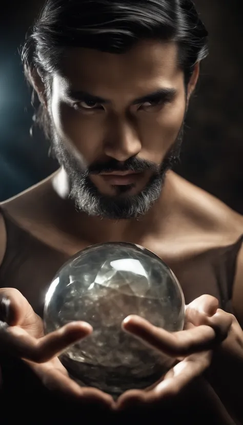 30-year-old middle-aged Asian man，long, whitish hair，Cabelos enrolados，barba longa，Close-up of holding a crystal ball in your hand，staring directly at camera，Medite de pernas cruzadas, no centro，clear facial features，cores muito brilhantes, light particles...