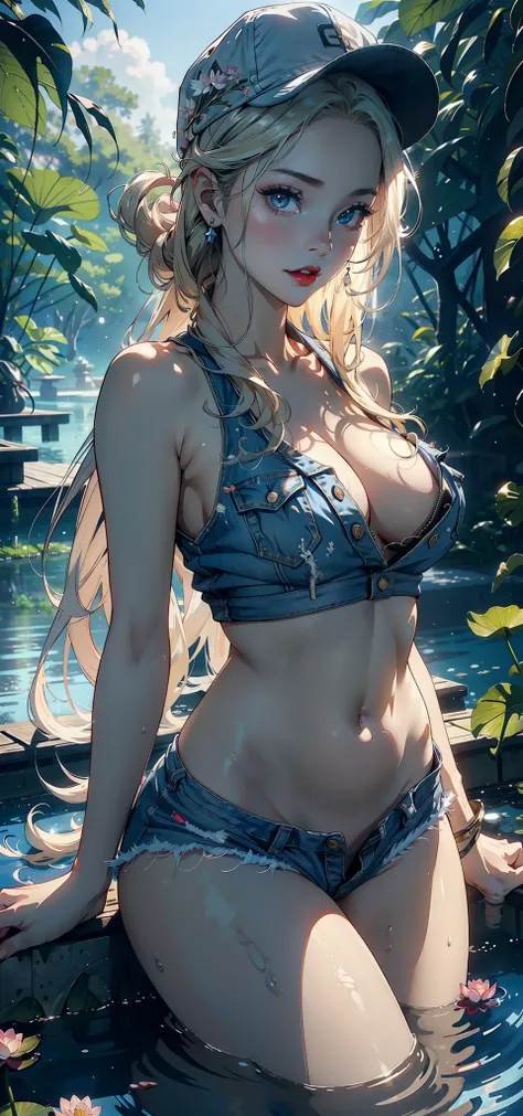 （Background with：ponds，Cherry blossom forest，lotus flower）Lie underwater， She has long blonde hair，seen from the front，mostly cloudy sky，（（（tmasterpiece），（Very detailed CG unity 8K wallpaper），best qualtiy，cinmatic lighting，detailed back ground，beatiful det...