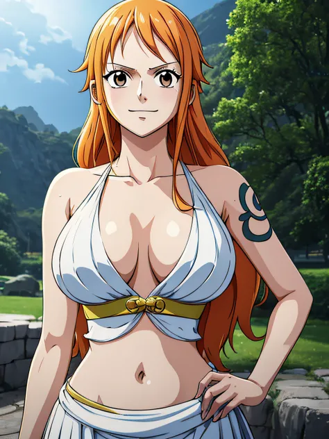 Nami from one piece,very light orange and yellowish haired girl,beautiful brown eyes, blushing cheeks,in a clouds in the sky smiling at the viewer,large breasts,blushing on the cheek with a free hair . She should be wearing a ancient greek clothes outfit.T...