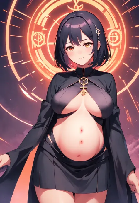 Sexy goth girl, nun, pregnant, omega symbol on belly