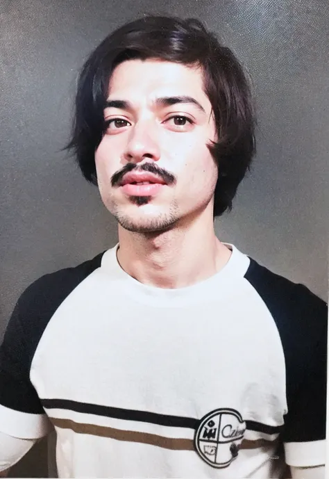 Foto de um homem com bigode preto, retrato colorido, homem com cabelo comprido de cor preta, olhos pretos, tshirt branca e preta com uma linha preta e uma linha castanha, tshirt de manga curta, pele clara, fundo cinzento, raw photo, amazing photograph, bes...