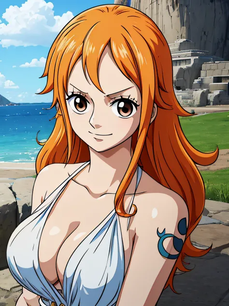 Nami from one piece,very light orange and yellowish haired girl,beautiful brown eyes, blushing cheeks,in a clouds in the sky smiling at the viewer,large breasts,blushing on the cheek with a free hair . She should be wearing a ancient greek clothes outfit.T...