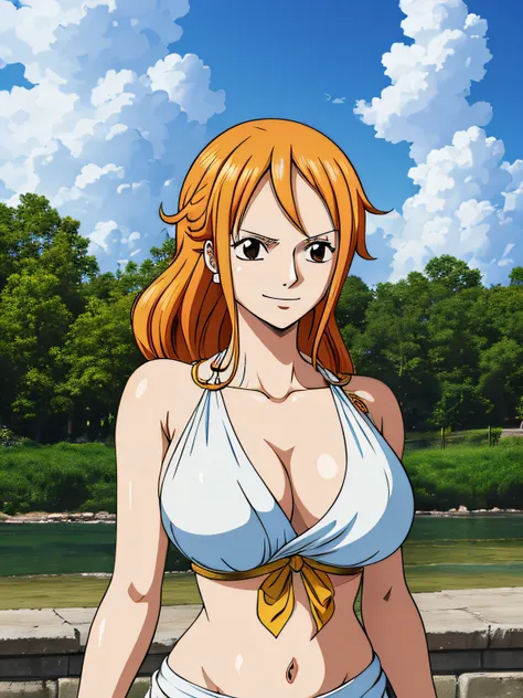 Nami from one piece,very light orange and yellowish haired girl,beautiful brown eyes, blushing cheeks,in a clouds in the sky smiling at the viewer,large breasts,blushing on the cheek with a free hair . She should be wearing a ancient greek clothes outfit.T...