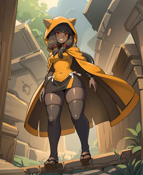 1girl, dark skin, smile, cat ears, bangs, long hair, freckles, full body, ,, red eyes, hood , cloak, yellow cloths, full body, flipflops