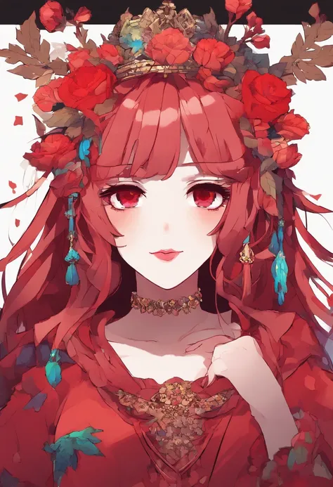 (masterpiece),(best quality:1.0), (ultra highres:1.0), detailed illustration, 8k, anime, 1girl, beautiful anime girl, wearing a red dress, flower crown, pretty face, detailed face, beautiful eyes, detailed eyes, dark red eyes, bright red lips, red lipstick...