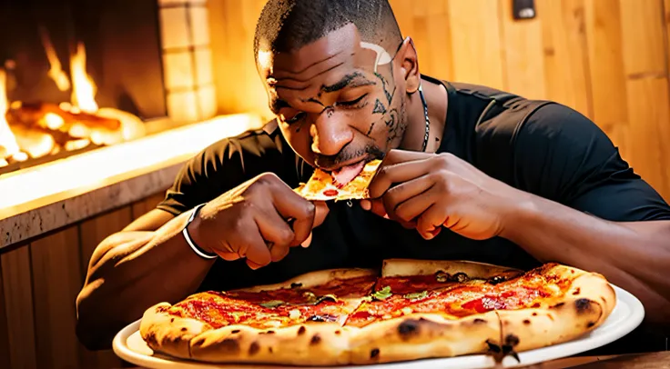 MIKE TYSON EATING A PIZZA IN A BEAUTIFUL, LIGHT AND WELL BUZZY PIZZARIA