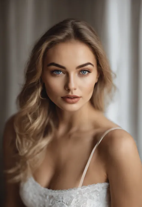 Femme avec un soutien gorge et une culotte  , fille sexy aux yeux bleus, Portrait Sophie Mudd, Portrait de Corinna Kopf, cheveux blonds et grands yeux, selfie of a young woman, ohne Maquillage, maquillage naturel, Look directly into the camera, Visage avec...