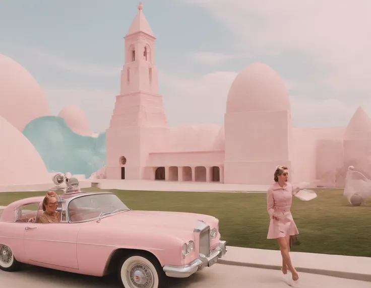 8k video clip of a 1960s science fiction film by Wes Anderson, Vogue anos 1960, pink pastel colors, old futuristuc city and old ornaments with mechanical pets in town, Luz Natural, Psicodelia, futurista estranho, fotorrealista, hiper detalhado, foco nítido...