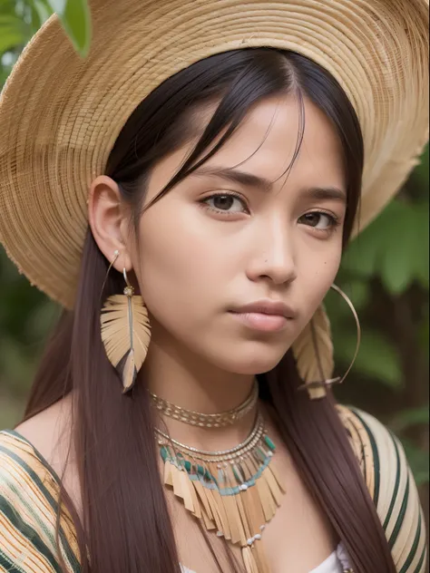 portrait of a beautiful woman, 20 ans, native Amazonie avec forte poitrine, sans tenu traditionnel