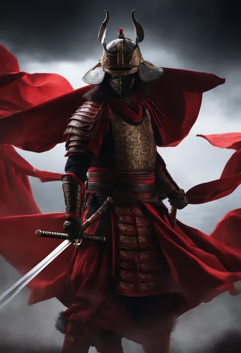 Samurai con ropa oscura, componentes de robo, con una espada roja brillante, de frente, fondo oscuro, realista, con un caballo a un lado