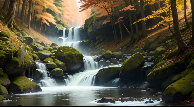 a hyper realistic fall broadleaf maple forest with a rushing stream snaking through the center, a waterfall in the midground