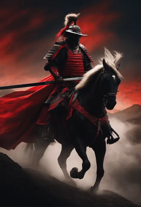 Samurai con ropa oscura, componentes de robo, con una espada roja brillante, de frente, fondo oscuro, realista, con un caballo a un lado