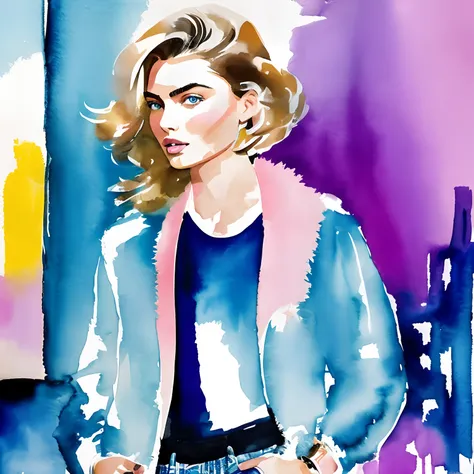 David Downton fashion illustration watercolor, blonde thin bob hair 1woman, blue eyes, Andreea Diaconu, fluffy pink sweater, light blue trendy denim jacket, apple green tea, Paris street, lilac