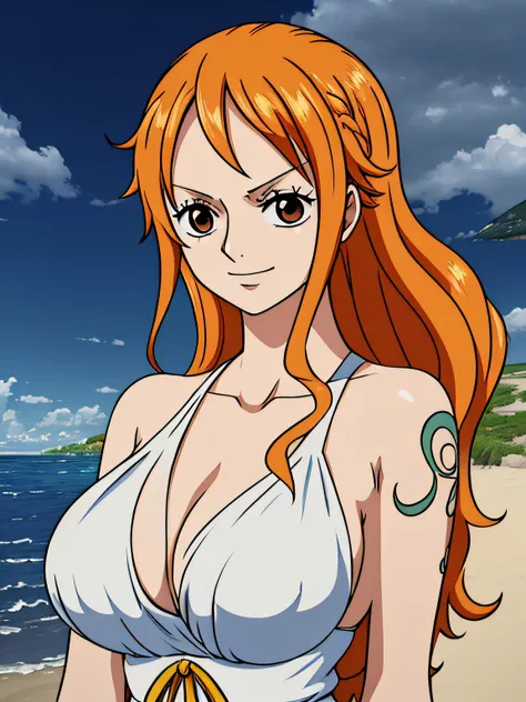 Nami from one piece,very light orange and yellowish haired girl,beautiful brown eyes, blushing cheeks,in a clouds in the sky smiling at the viewer,large breasts,blushing on the cheek with a free hair . She should be wearing a ancient greek clothes outfit.T...