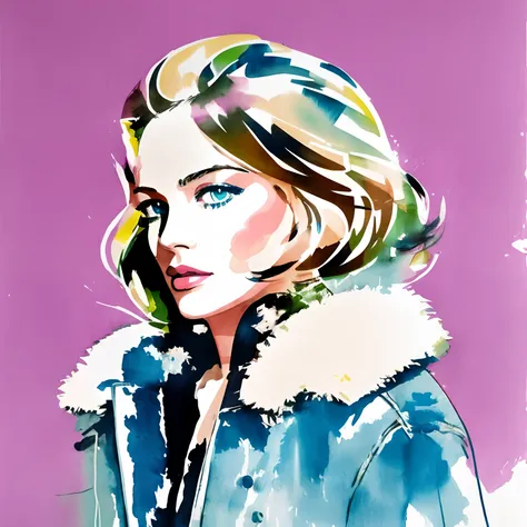 David Downton fashion illustration watercolor, blonde thin bob hair 1woman, blue eyes, fluffy pink sweater, light blue trendy denim jacket, apple green tea, Paris street, lilac