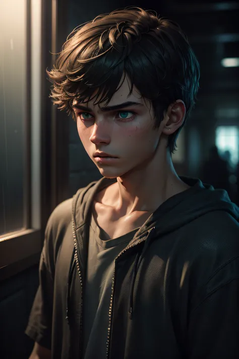 (sharp focus:1.2), an award-winning shot of a deep depressed casual boy teenager, thunderstorm outside, dull backlighting, extremely detailed skin, extreme sadness, hopelessness, visible mental illness, bleary eyes, bleeding nose and ear indicating some ki...