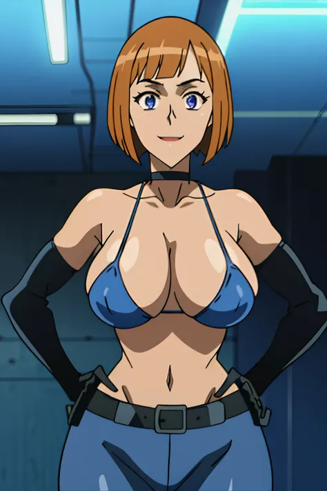 ((maddie_fenton 1.8)), skintight suit, lab background,(skindentation:1.1),1girl,best quality, sharp focus,(Masterpiece), (Best Quality), soft lighting,(specular lighting:1.2),solo, bobcut,smile, upper body, ((huge breasts 1.2)), sky blue suit, black gloves...