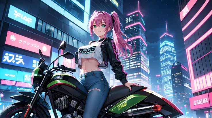 ​masterpiece, 1girl ((20year old, crop top shirt exposes navel, tight blue jeans, knee-high boots, medium breasts, multicolor pink hair, twin ponytails, green eyes, flirting, happy, big smile, looking towards camera, headphones, sitting on a Kawasaki motor...