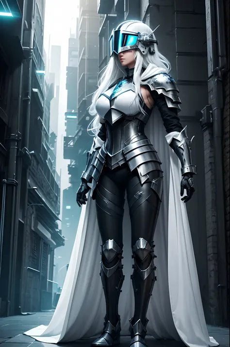 Paladin girl in black metal knight armor and cyberpunk helmet, Long white hair, white cloak, glowing neon, futuristic city, Mixing styles, higly detailed, Realistic full-length photo