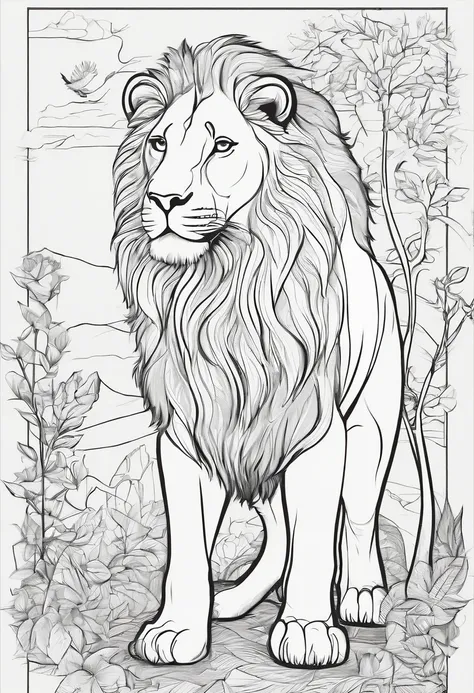 Zoo animals,lion,sketch style,coloring page,white background,drawing style,kids style ,Full body