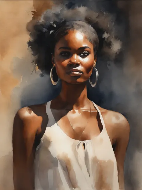 Watercolor painting of a beautiful black girl : : Trending on Artstation: : Simple composition creates a sense of order and harmony. The painting reflects the spiritual qualities of the natural world. --up light --ar 9:16