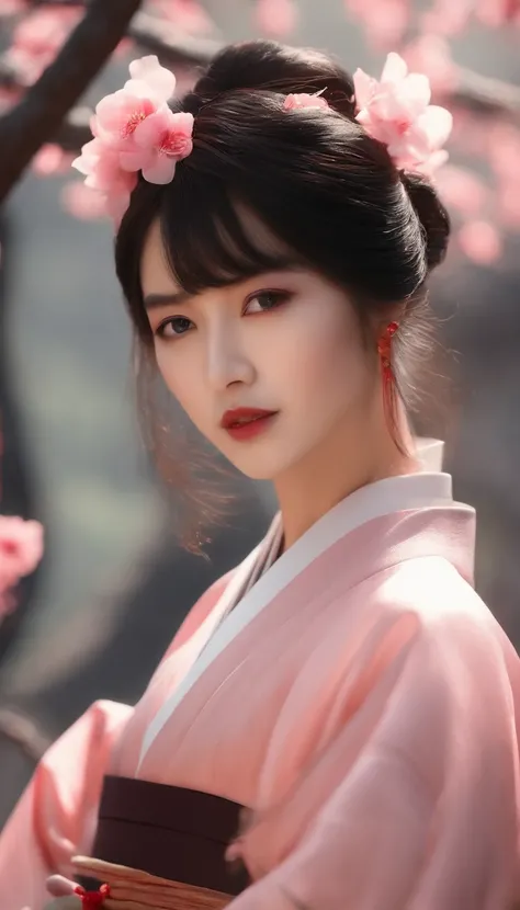 Danfeng Eyes，bushido，The upper part of the body，Black coiled hair，Simple hairpins，Cold eyes，solo person，orthofacial，frontage，Peach blossom background，Highly saturated colors，Hyper Real，8K high-definition，holding a longsword，Absolutely beautiful，high light，...