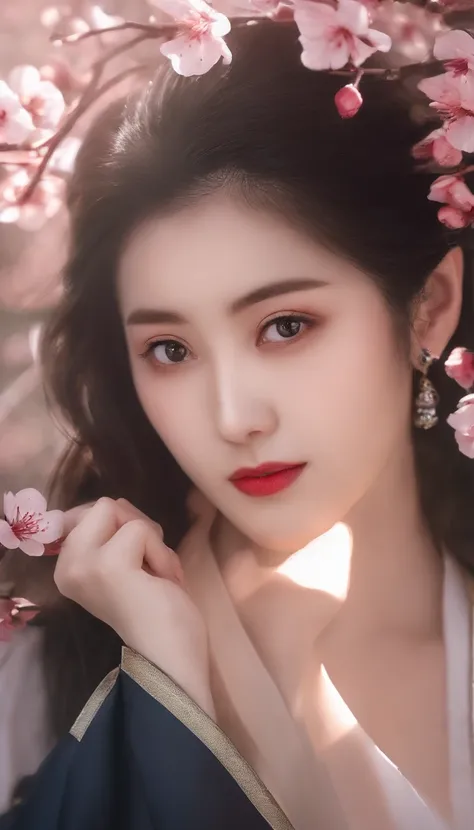 Danfeng Eyes，bushido，The upper part of the body，Black coiled hair，Simple hairpins，Cold eyes，solo person，orthofacial，frontage，Peach blossom background，Highly saturated colors，Hyper Real，8K high-definition，holding a longsword，Absolutely beautiful，high light，...