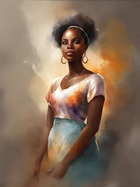 Watercolor painting of a beautiful black girl : : Trending on Artstation: : Simple composition creates a sense of order and harmony. The painting reflects the spiritual qualities of the natural world. --up light --ar 9:16