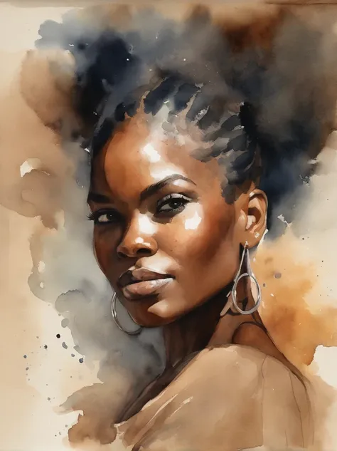 Watercolor painting of a beautiful black girl : : Trending on Artstation: : Simple composition creates a sense of order and harmony. The painting reflects the spiritual qualities of the natural world. --up light --ar 9:16